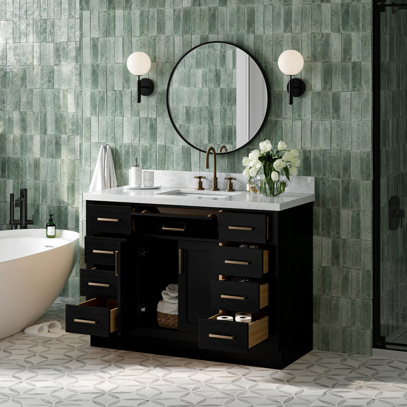 Tidworth 48'' Solid Wood Single Bathroom Vanity with 1.5'' Carrara Marble Top Sink, Rectangular, Black Oak/Satin Brass