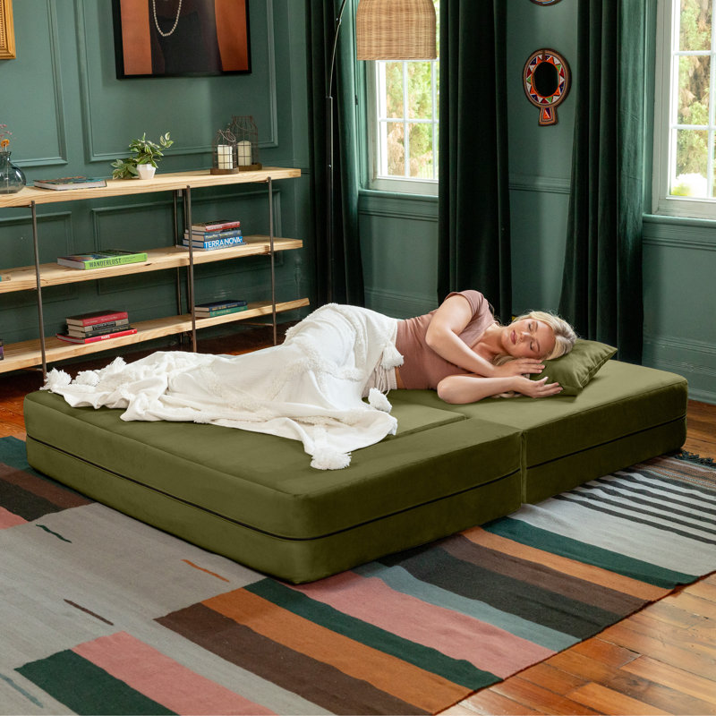 Shontae Zipline Convertible Compression Sleeper Loveseat, Ottomans & Pillows, Textured Microvelvet, Moss
