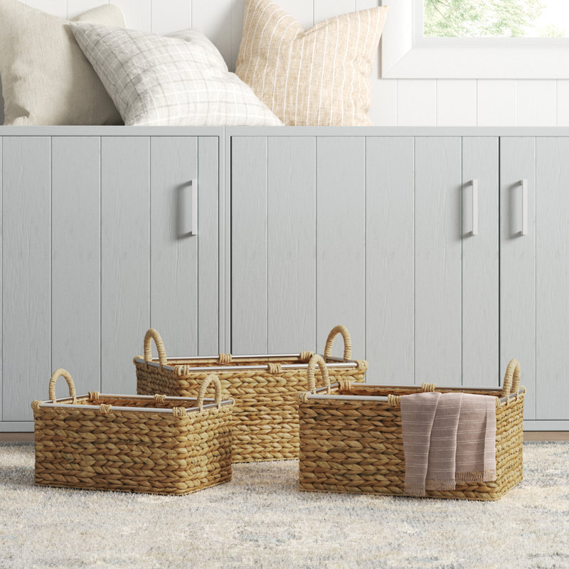 Panier de rangement décoratif et fonctionnel fait à la main en ruppie maritime clair avec poignées, ensemble de 3