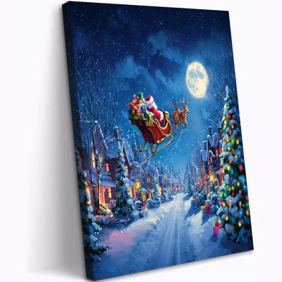 Grande Abiella - Père Noël volant en traîneau, scène de village d'hiver, impressions sur toile des Fêtes, œuvre d'art de Noël, affiche pour décorations pour la maison, 24 po x 32 po