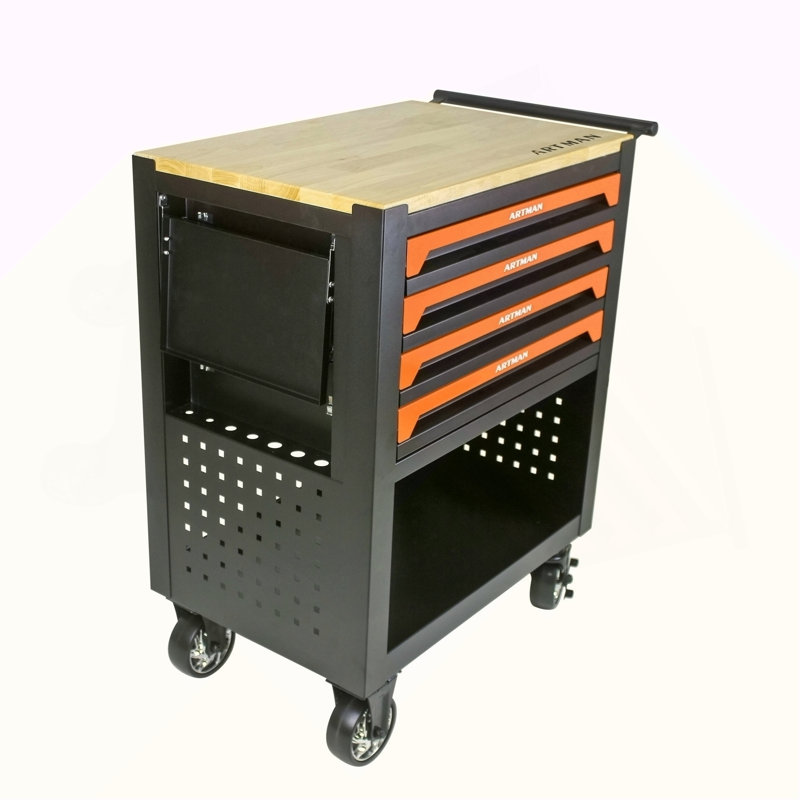 Chariot à outils multifonctionnel à 4 tiroirs avec roulettes et plateau en bois orange, Orange