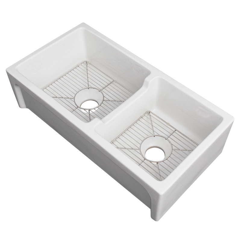 Fireclay Palermo Front Reversible 36" L x 18" W Double Basin Farmhouse/Apron Kitchen Sink with Sink Grid