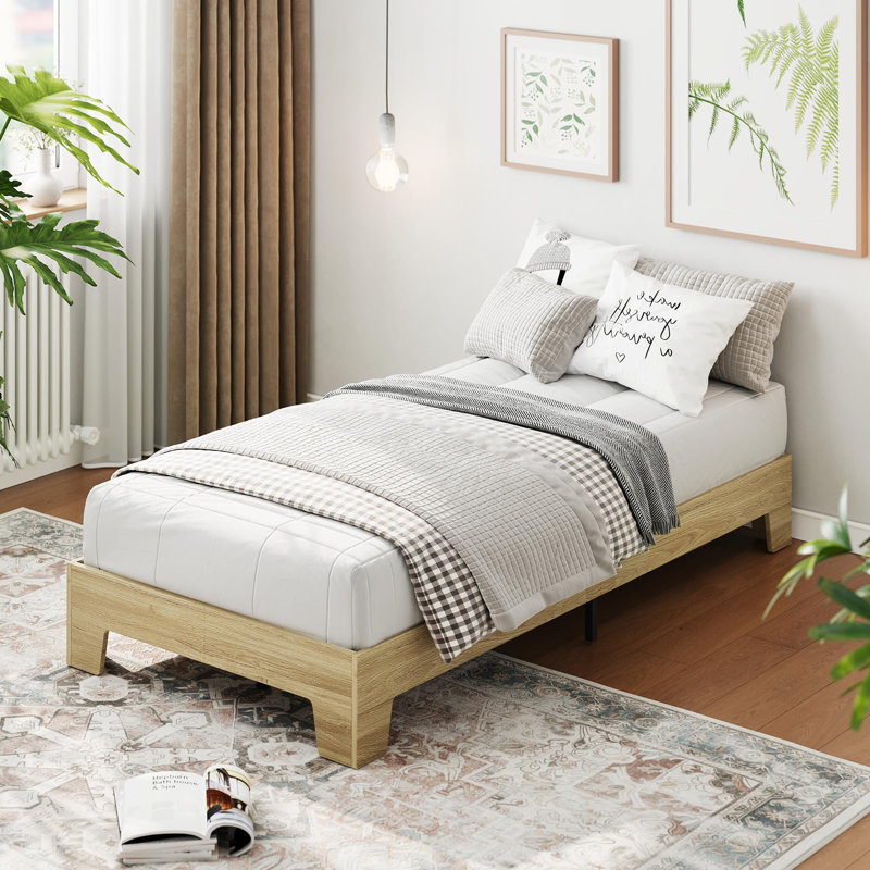 Twin Natural Wood Platform Bed Frame with Strong Slats, Minimalist Design, No Box Spring Needed, Gold, Twin