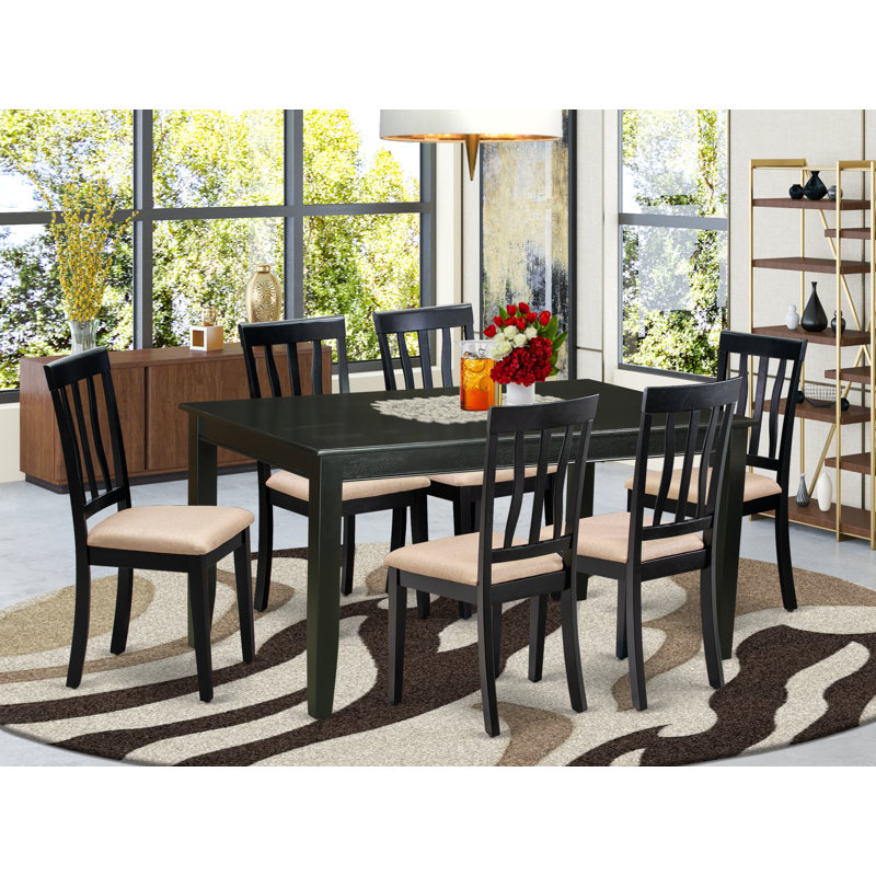 7 Piece Kitchen Table Set Consist of a Rectangle Dining Table and 6 Linen Fabric Dining Chairs, Black, Beige Linen