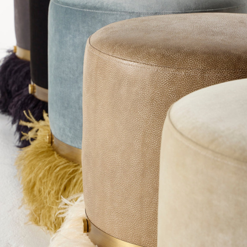 Leather Ostrich Fluff Pouf, Taupe/Cream
