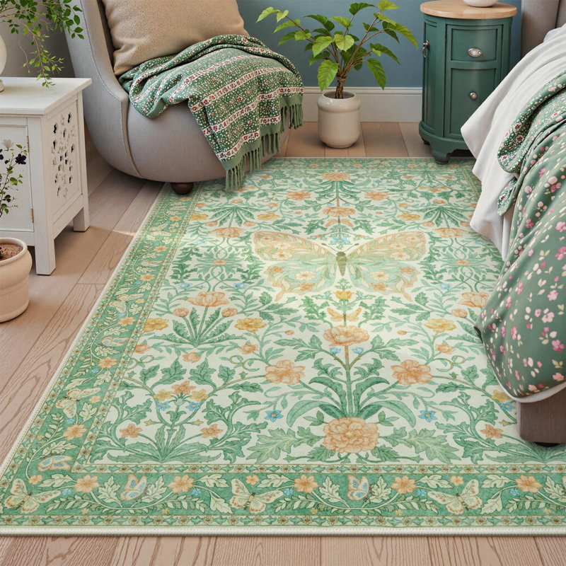 Goldene Washable Butterfly Area Rug Boho Floral Rugs for Girls Room Non Slip Ultra Thin Insect Floor Carpet