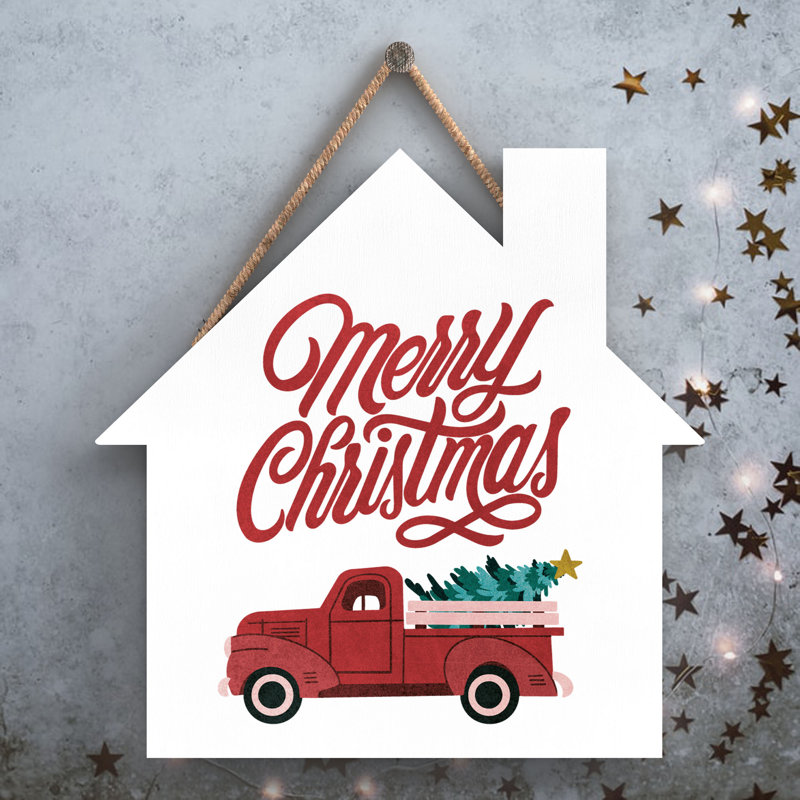Xmas Merry Christmas Truck Wooden House Plaque, 9.9cm H x 9.9cm W x 0.5cm D