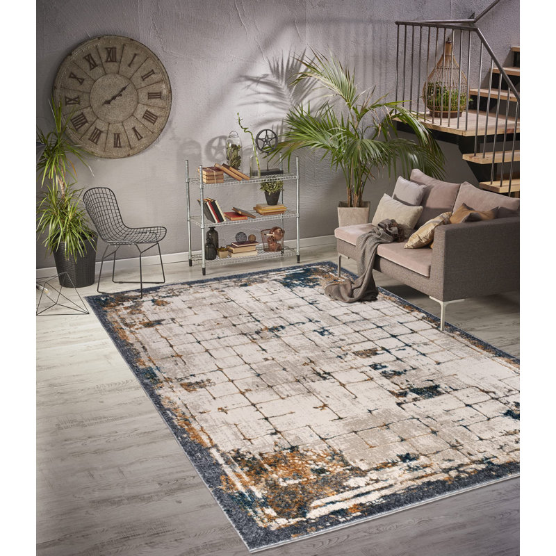 Tapis oriental abstrait, tapis en polypropylène brun ou gris, tapis de chambre contemporain - 5 x 8, 6 x 9