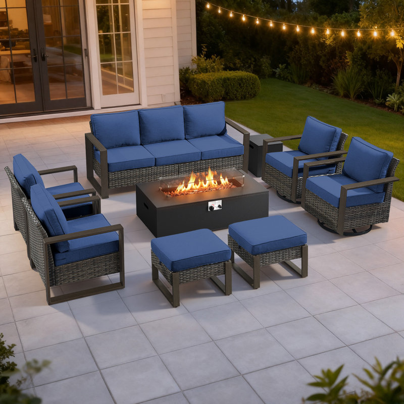 Drazen 9 - Person Patio Furniture Set With Fire Pit Table, All-Weather Wicker Outdoor Conversation Set With Chair And Thick Cushions