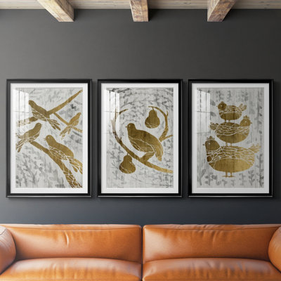 Quatre oiseaux chanteurs - feuille d'or - impression encadrée sur mesure de qualité supérieure - 3 pièces