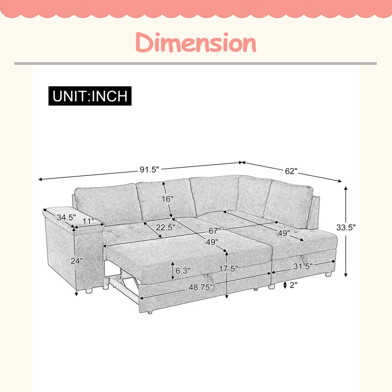 Canapé-lit modulaire en L de 91,5 pouces avec lit escamotable et canapé-lit modulaire avec rangement caché, accoudoirs larges avec rangement