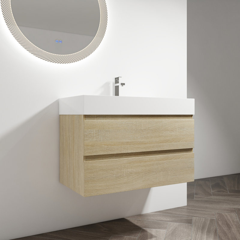 Meuble-lavabo de 36 po avec fixation murale. Lavabo en résine et 2 tiroirs à fermeture en douceur. Couleur chêne. Style moderne. Structure en contreplaqué. Mouvement de tiroir fluide. Espace de rangement spacieux en chêne. & Design. Composition.