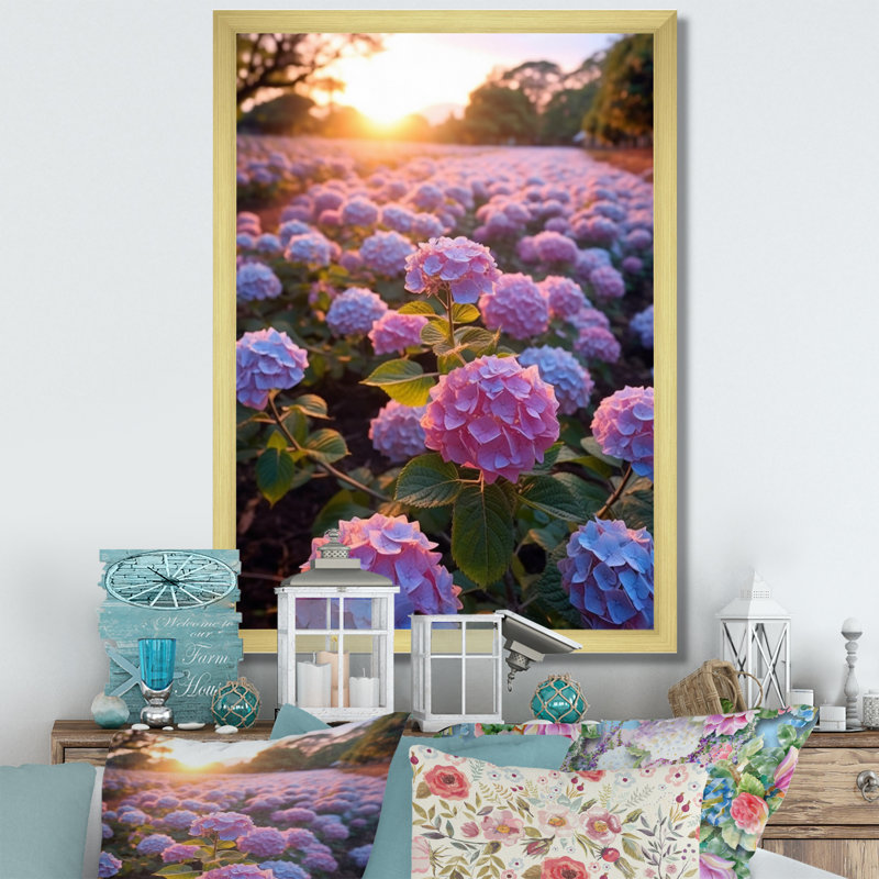 Fleurs d'hortensia mauves et bleues sur toile, H 32 po x l 16 po x P 1 po, Encadrement doré