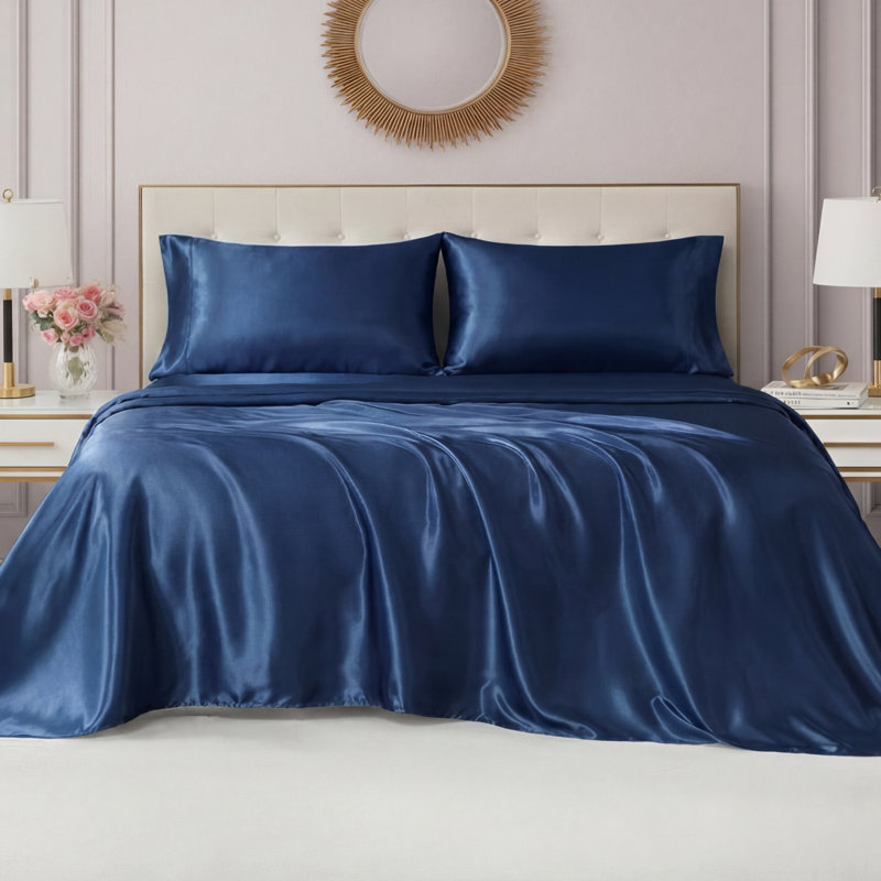 Juicy Couture Premium Silky Satin Sheet Sets, Full Sheet Set with 2 Pillowcases, Dark Blue