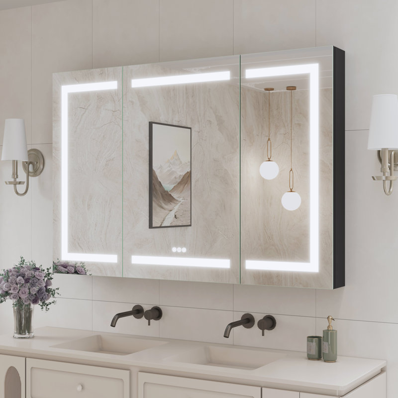 Miroir à pharmacie encastré ou à fixation murale avec lumière à intensité variable et douille Hartli, H 48 po x l 32 po, Noir