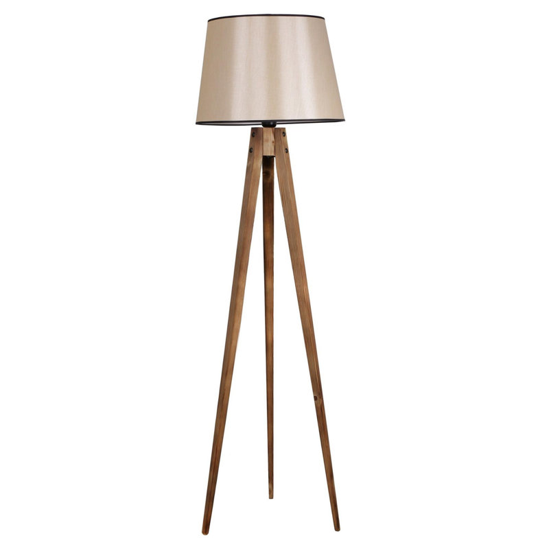 Élégante lampe sur pied en bois Luro, finition brune, 63,0 pouces de hauteur | Abat-jour de 17,7 pouces de diamètre avec capuchon en tissu | Interrupteur marche / arrêt sur câble, douille E27 (60 W maximum) | Parfait pour le salon, la chambre à coucher et les décors modernes