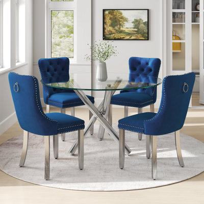5-Piece Modern Round Pedestal Dining Set with Velvet Tufted Dining Chair for Dining Room and Living Room