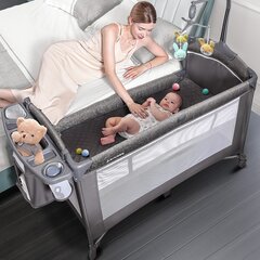 3 In 1 Nursery Center Includes Bedside Crib, Pack and Play, Diaper Changer, Diaper Organizer, Swivel Mobile, Baby Bassinet