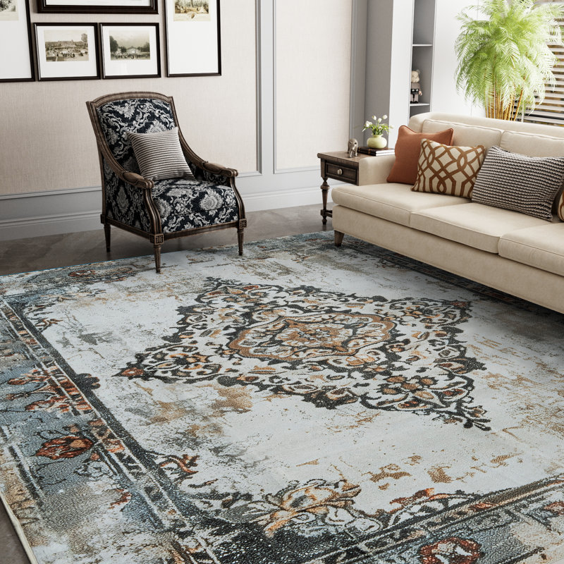 Oriental Floral Non-Slip Machine Washable Vintage Area Rug in Cray/Cream/Brown for Living Room, Bedroom, Hallway Runner Indoor Rugs