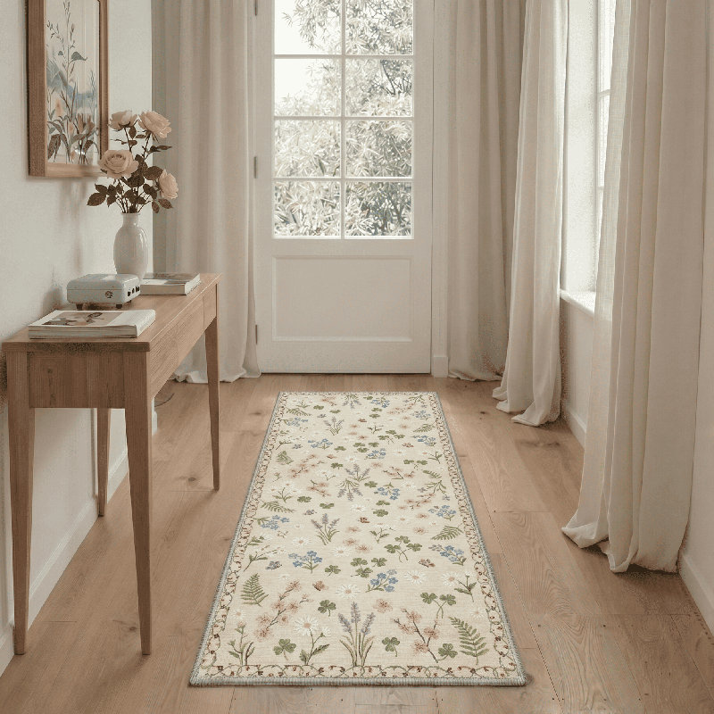 Floral Daisy Machine Washable Begie/Green/Blush Indoor Area Rug With Non-Slip Backing, Runner 2' x 7'