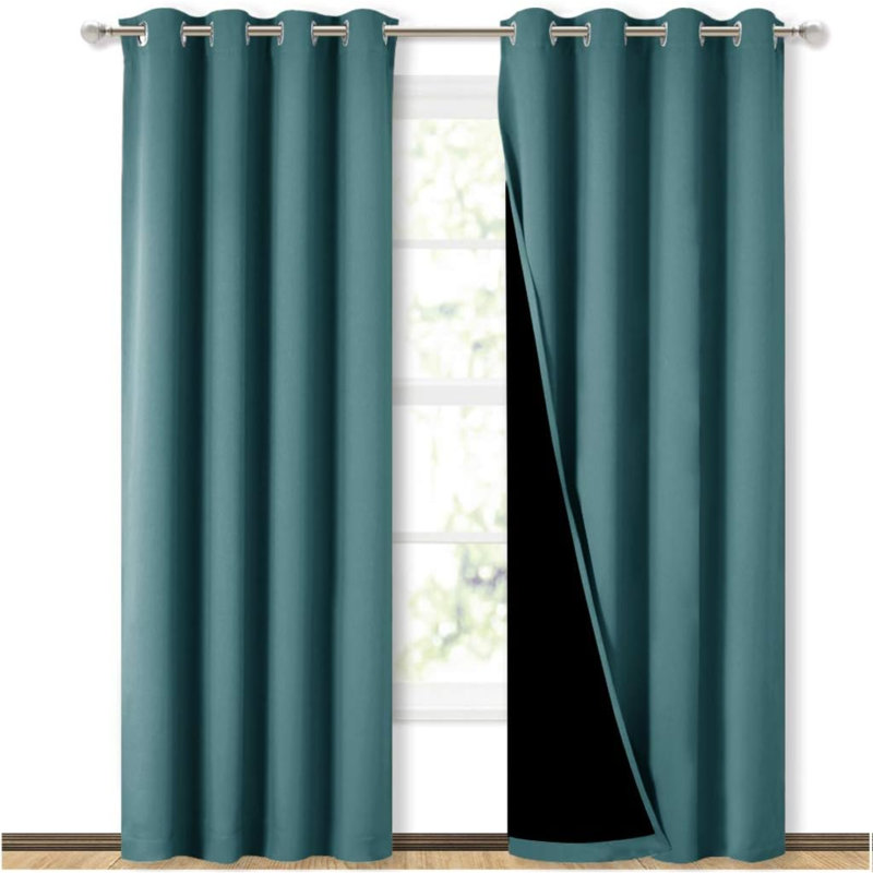 Eliott Solid 100% Blackout Thermal Insulated Grommet Curtain Panels Heat and Full Light Blocking Curtains for Living Room with Black Liner 2 Panels Set