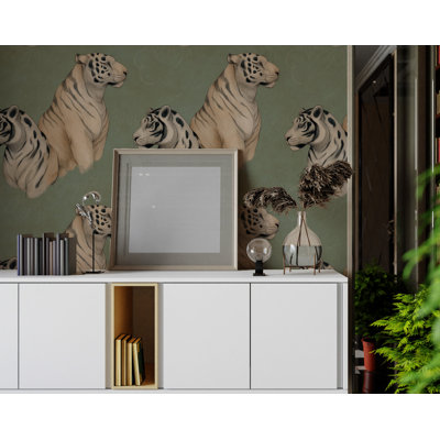 Papier peint tigre rétro avec motif animal dessiné à la main en vert sauge