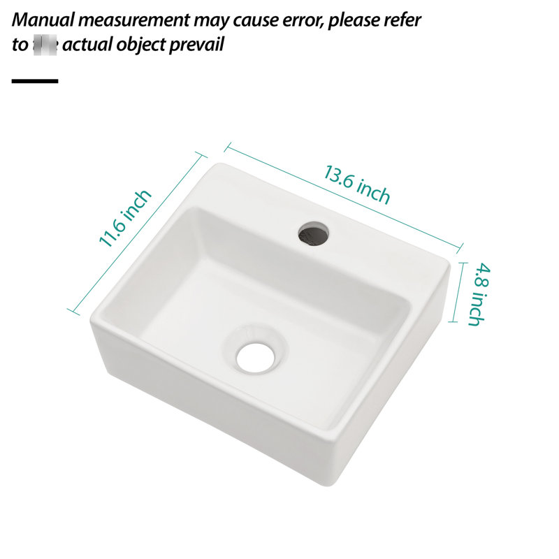 Lavabo de salle de bain mural rectangulaire en céramique blanche 13,6 x 11,6 pouces, teint, faible absorption d'eau, style flottant, accessoires de montage avec lavabo simple, surface lisse acide, moderne