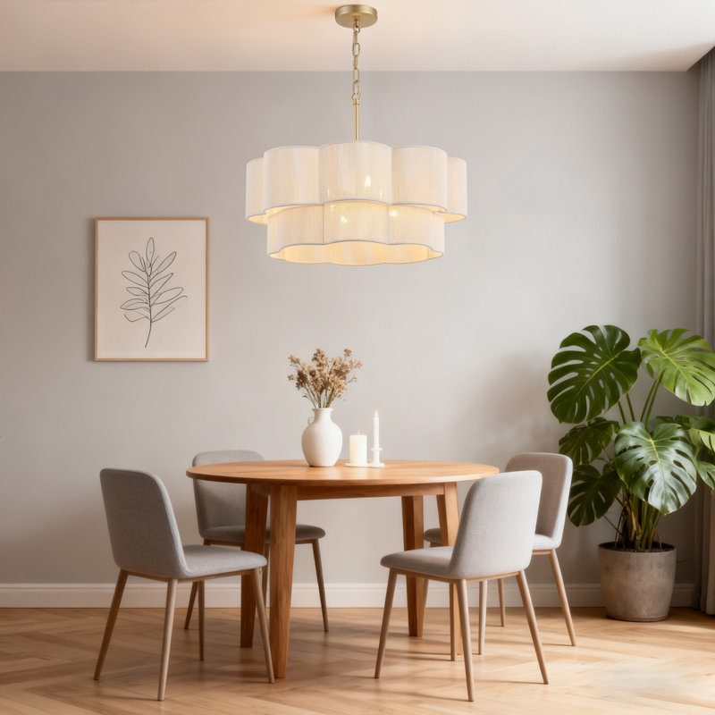 23.2" 6-Light Scalloped Rope Drum Chandelier, Gold, Beige