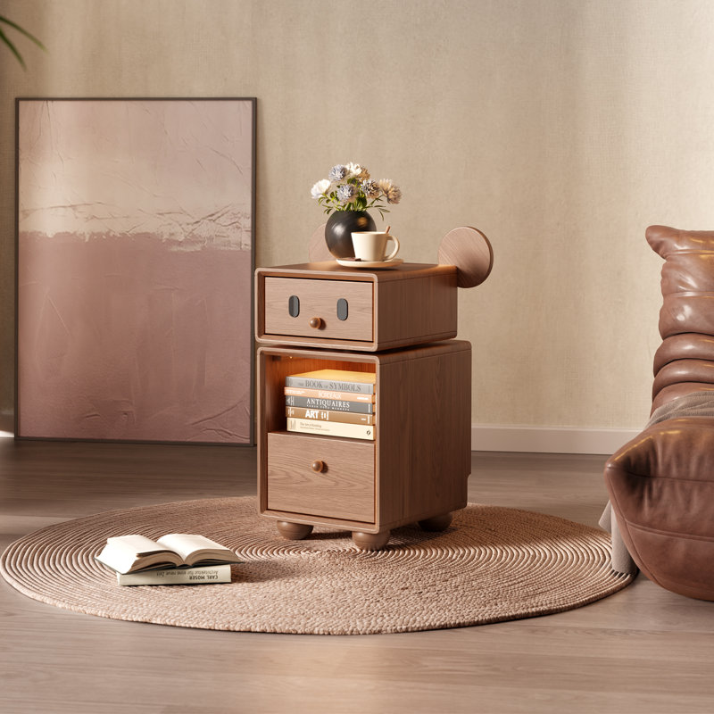Table de chevet en bois massif avec tiroir rotatif à 360 °, capteur de lumière et 2 tiroirs