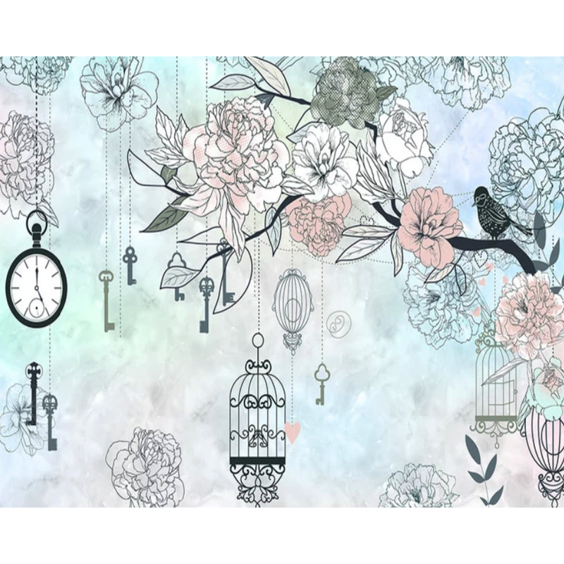 Papier peint fleurs, fleurs, clés, cages, oiseaux, L 35 po x l 55 po