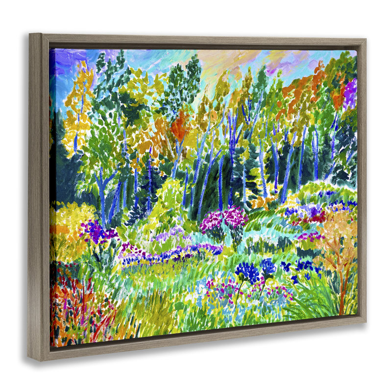 Cadre flottant abstrait forêt arc-en-ciel, design par Lee Ann Zirbes, Cadre flottant orme Montalcino, H 25 po x l 31 po