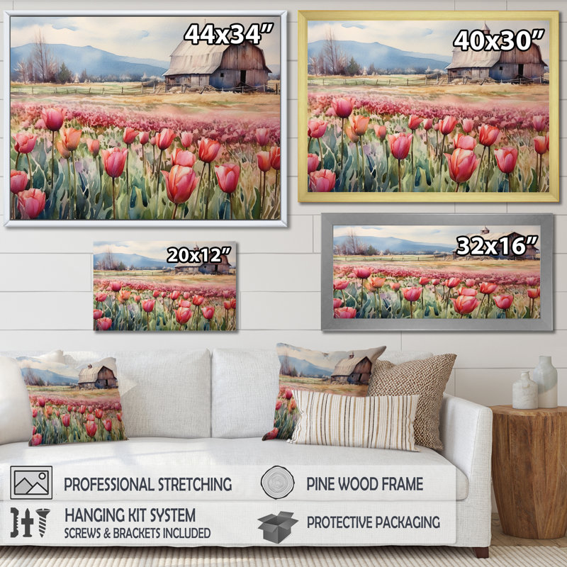«Countryside Tulip Flowers Field» sur impression sur toile, Cadre flottant noir, 12" H x 20" W
