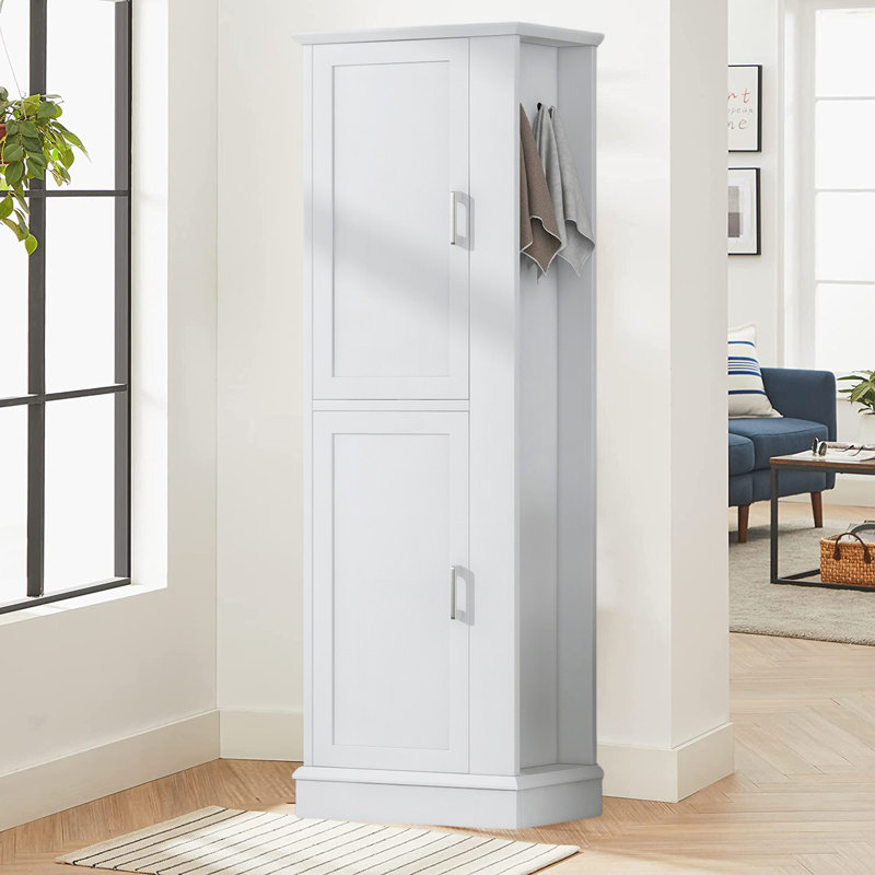 Armoire de rangement de cuisine, armoire de rangement autoportante avec crochet et tablette réglable, Blanc