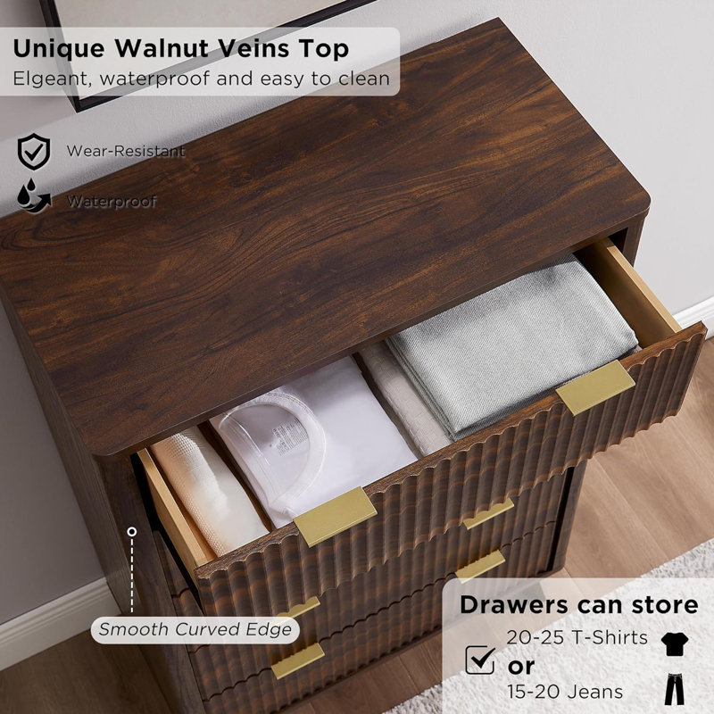Siyuan Fluted Design 5-Drawers Dresser Organizer, Wood Tall Chest of Drawers, Dark Walnut