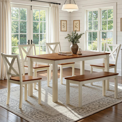 Deral 6-piece Farmhouse Wood Dining Set with Bench, Brown & White