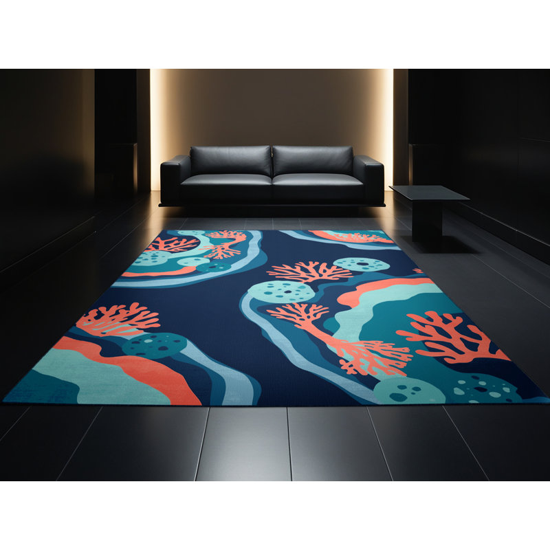 Machine Washable Orkan Great Barrier Reef Contemporary Arc Rug in Blue – Navy Binding, 3x5