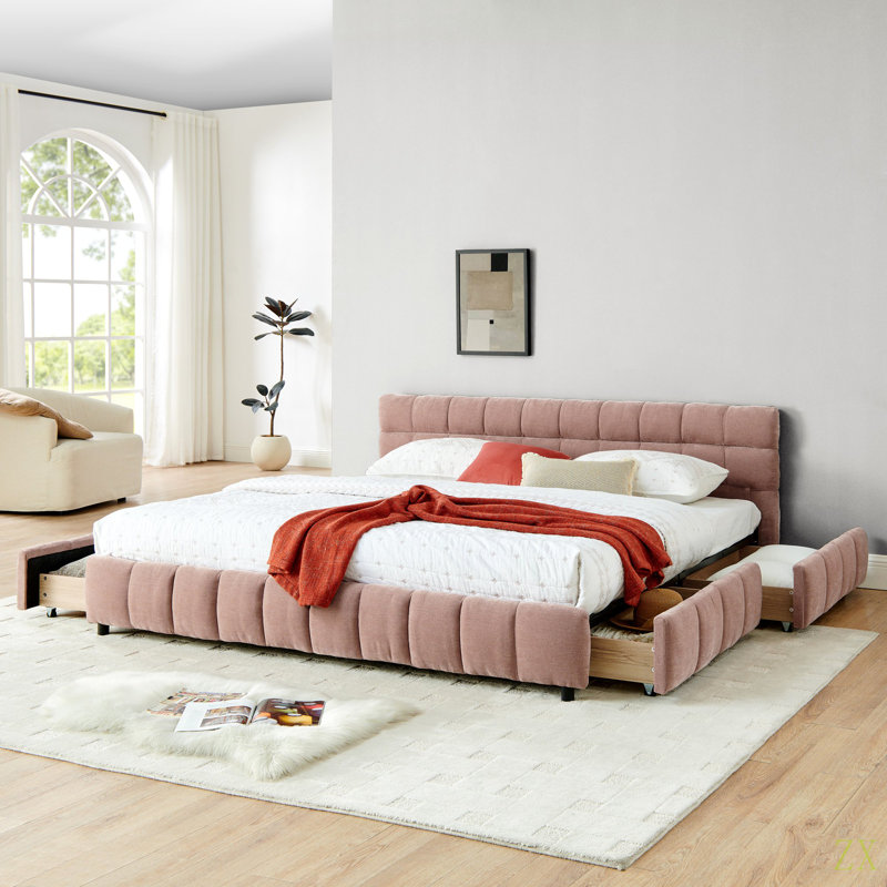 Très grand lit tapissier, cadre de lit rembourré confortable, tissu chenille, avec tête de lit et cadre de lit solide. Avec tiroir pour le rangement (88,5 po x 85,5 po x 31 po)