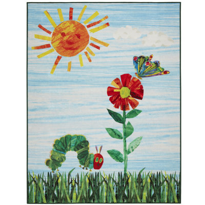 Tapis bleu / vert lavable à la machine à motif de scène de soleil «The Très affamé» par Eric Carle, bleu / vert, 4 pi 11 po x 6 pi 6 po