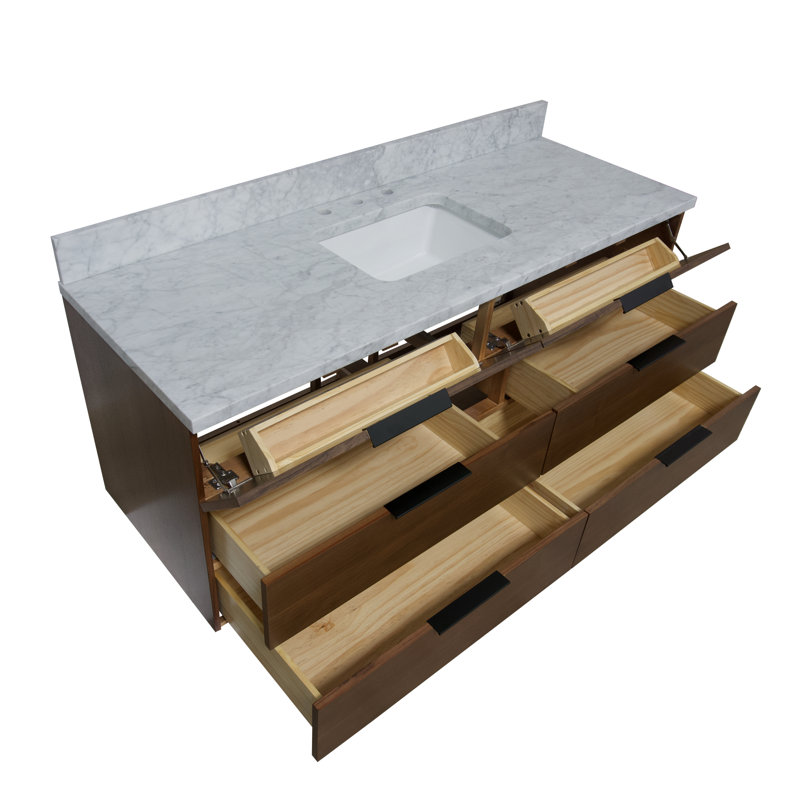 Ensemble de meuble-lavabo simple mural 60 po Mitchell, Gris marbre, Noyer brun