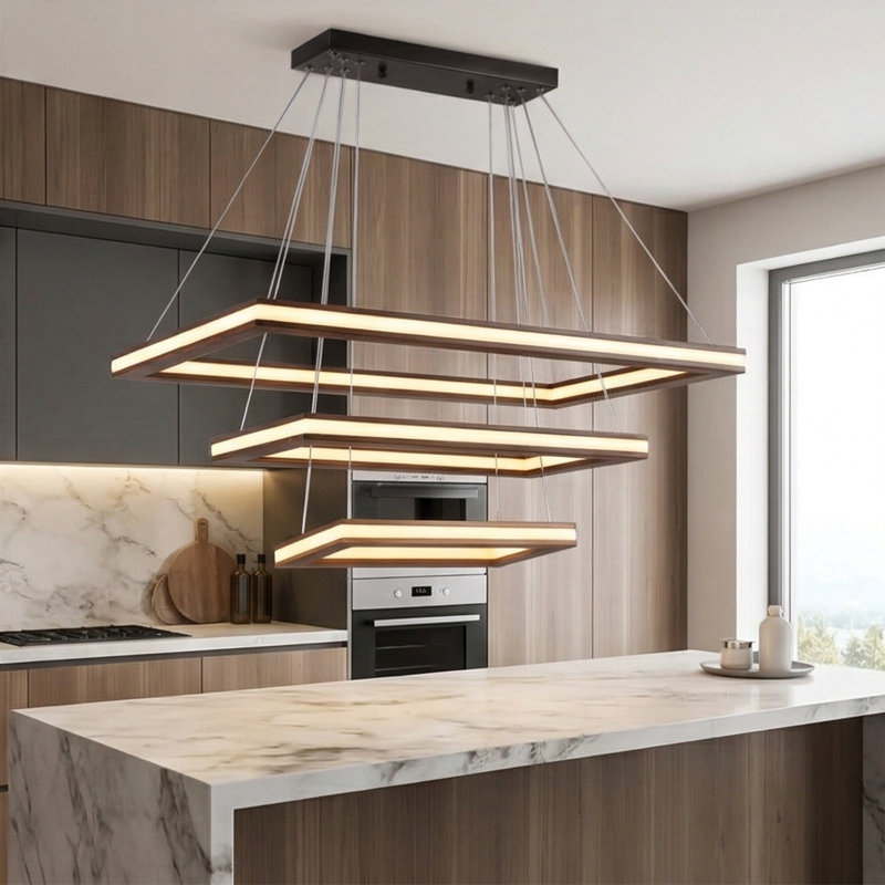 3 Tiers Rectangle LED Chandelier, Walnut
