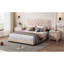 Grand lit tapissier beige, plateforme en velours moderne avec tête de lit et ornement en forme de rivet, cadre de lit en velours sans sommier, détails, fabrication, nécessaire
