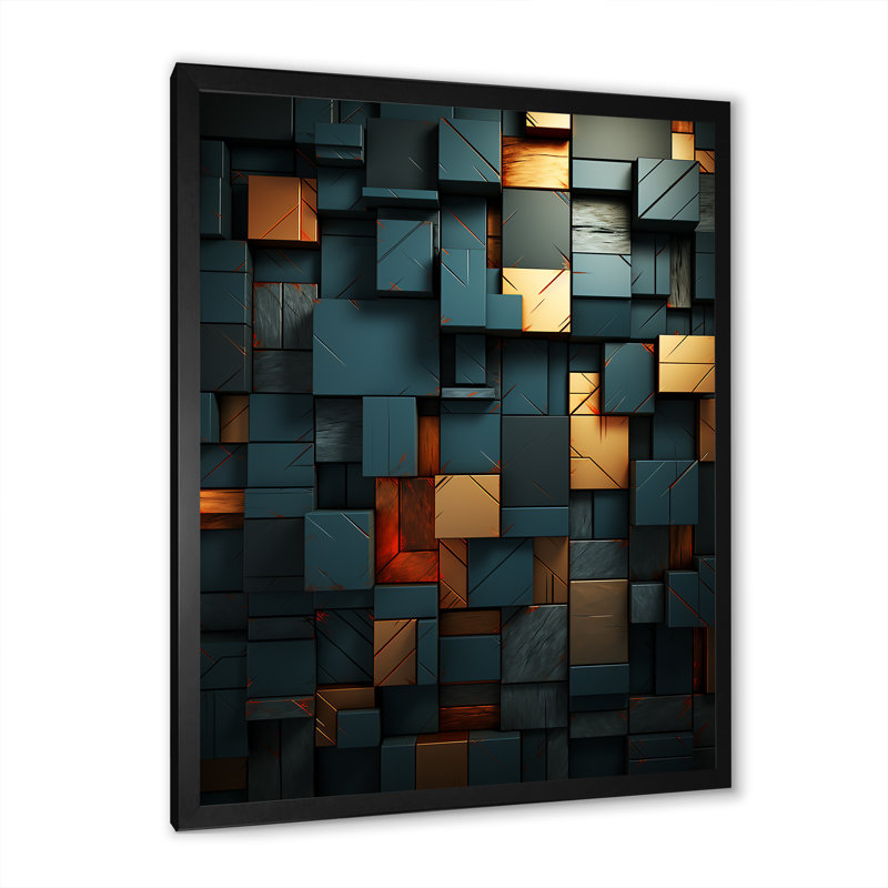 «Green and Gold Stylish Dark Geometric Elegance I», art mural abstrait, Cadre photo noir, H 44 po x l 34 po x P 1,5 po