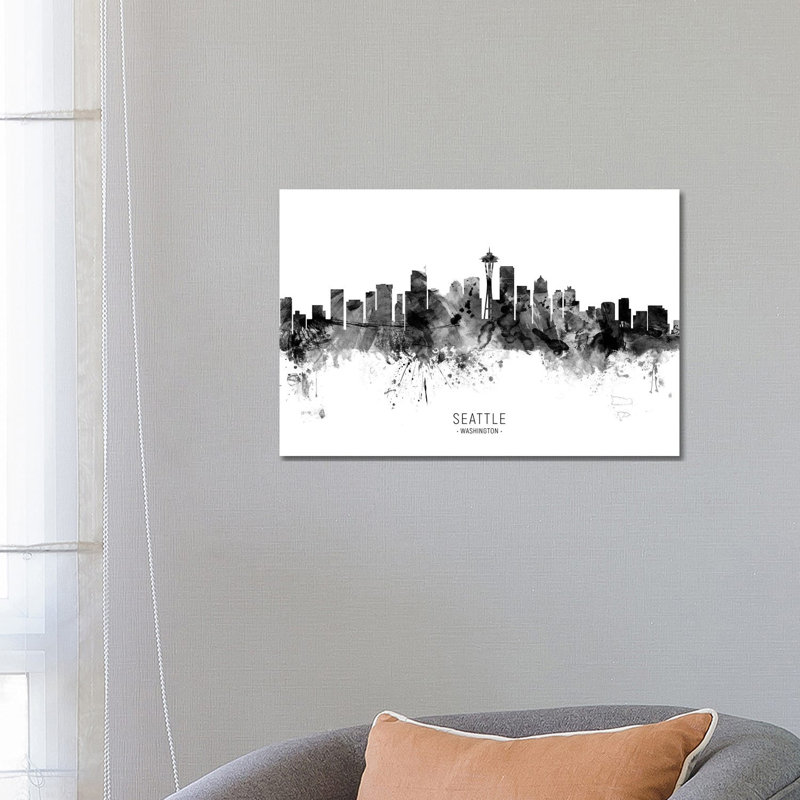 Seattle Washington Skyline Name Bw by Michael Tompsett - 1 Piece Wrapped Canvas Wall Art, 45.72cm H x 66.04cm W