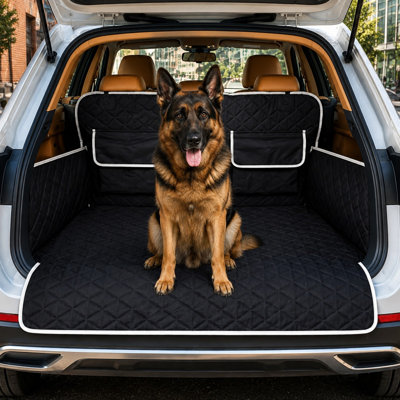 Cette grande housse de protection universelle pour coffre de voiture pour chien, compatible avec les VUS, utilise un matériau imperméable, des parois latérales anti-rayures, un revêtement antidérapant et une protection pour le rabat du pare-chocs.