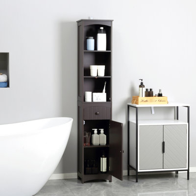 Grande étagère de salle de bain brune avec 3 tablettes et un tiroir