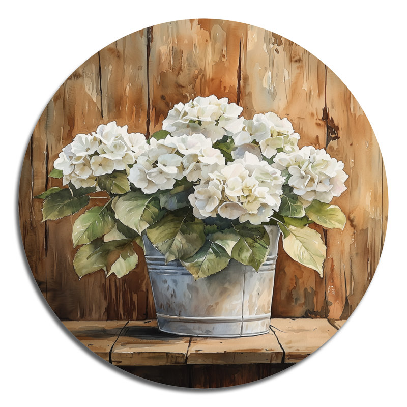 Hortensias sur la table de grange I - hydrangées rondes, art mural en métal blanc traditionnel, H 16 po x l 16 po