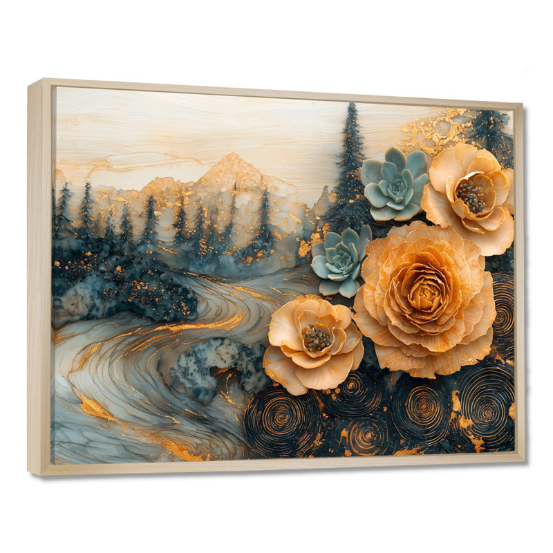 Moheez en bois fleurs succulentes dans la rivière paysage II - art mural succulent, H 24 po x l 32 po, Crème, crème