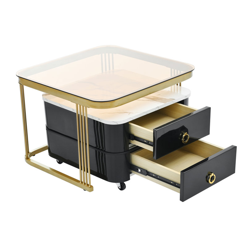 2-in-1 Square Nesting Coffee Table with Wheels & Drawers, Stackable Side Table with High Gloss Marble Grain Top, End Table Set with Brown Tempered Glass for Living Room, 