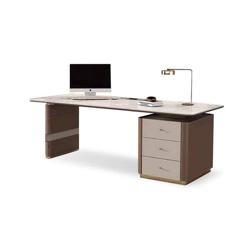 Bureau d'écriture avec tiroirs brun + blanc fritté + bois manufacturé + acier inoxydable