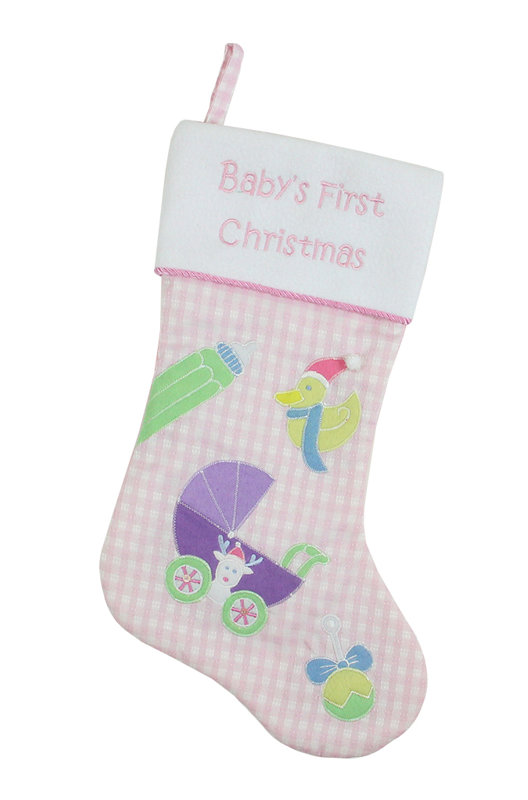 Chaussette de Noël brodée 18,5 "Baby's First Christmas, Rose